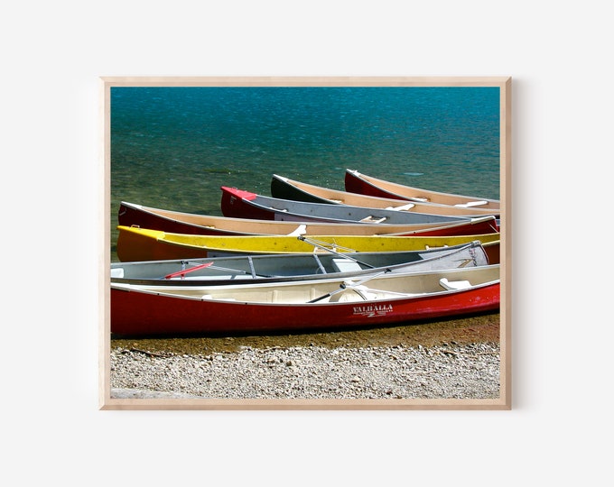 Canoe Photography, Boat Print, Lake Louise Photo, Canoe Print, Colorful Nautical Wall Art, Turquoise Red Yellow Art, Banff Canada Photograph