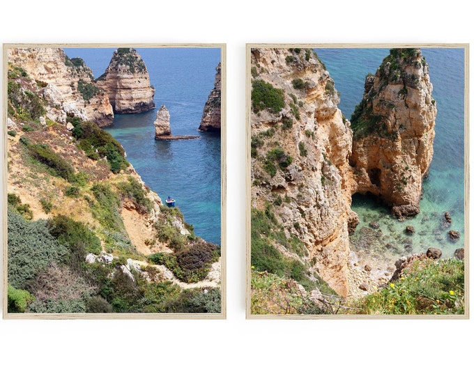 Algarve Portgual Photography Print Set - Two Vertical Lagos Pictures - Coastal Portuguese Wall Art - Turquoise Blue Prints - Seascapes