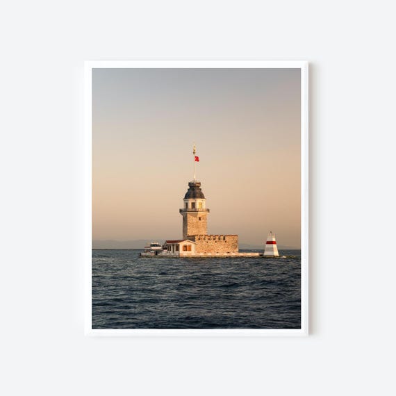 Maidens Tower at Dusk, Istanbul Turkey Photography Print, Bosphorus Wall Art