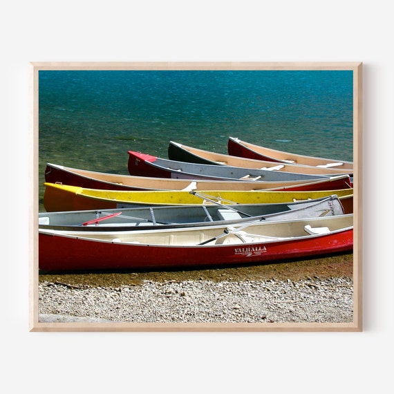 Canoe Photography, Boat Print, Lake Louise Photo, Canoe Print, Colorful Nautical Wall Art, Turquoise Red Yellow Art, Banff Canada Photograph