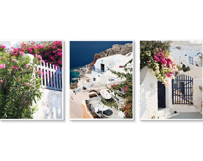 Santorini Greece Photography 3 Print Set - Greek Island Travel Wall Art - Three Vertical Pictures - Blue White Pink Photograph Collection