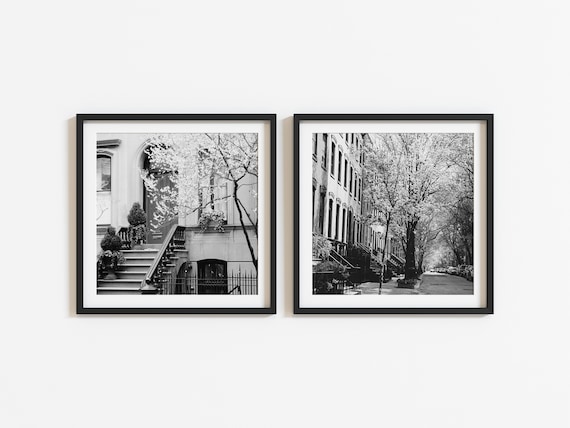 New York City Square Photography Prints Set - Two Black and White Photos - 2 NYC Spring Pictures - West Village Photographs - Brownstones