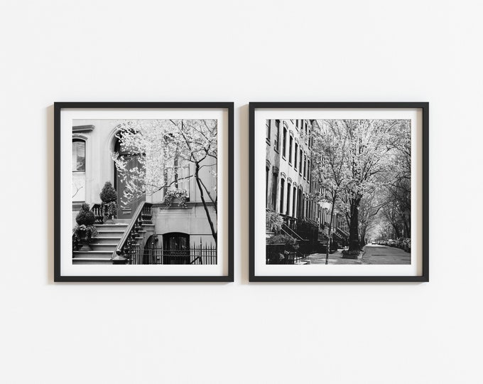 New York City Square Photography Prints Set - Two Black and White Photos - 2 NYC Spring Pictures - West Village Photographs - Brownstones