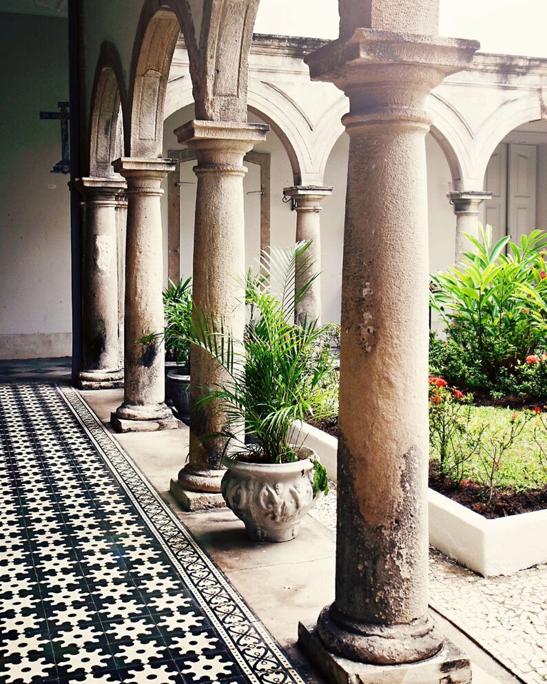 Brazil Photography, Column Photo, Black and White Tile, Architecture Print, Secret Garden, Brazilian Church Picture, Travel Photography image 4