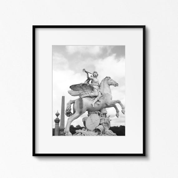 Fame Riding Pegasus Black and White Photography Print, Paris Sculpture Wall Art