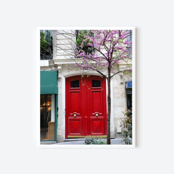 Elegant Red French Door Photography Print from Paris France