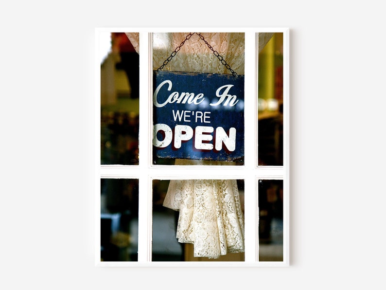 Open Sign Print, Magnolia Bakery Photo, NYC Photography Print, Navy Blue and White Print, Shop Decor, Welcome Photo, Frame and Mat Option image 1