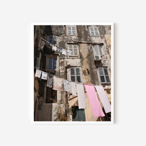 Laundry Room Wall Art, Corfu Greece Photography, Laundry Print, Clothesline Print, Mediterranean Art, Greece Travel Photography