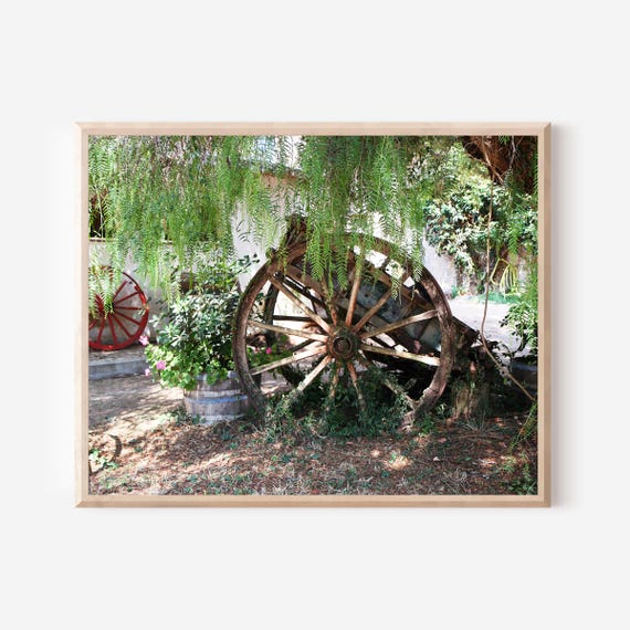 Farm Photography Print, Wagon Wheel Photo, Rustic Farmhouse Decor, Olympia Greece Print, Winery Photograph, Wine Country Print, Vineyard Art