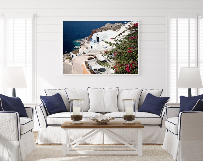 Santorini Wall Art, Greece Photography, Greek Island Print, Cobalt Blue White and Pink Print, Mediterranean Decor, Romantic Engagement Gift