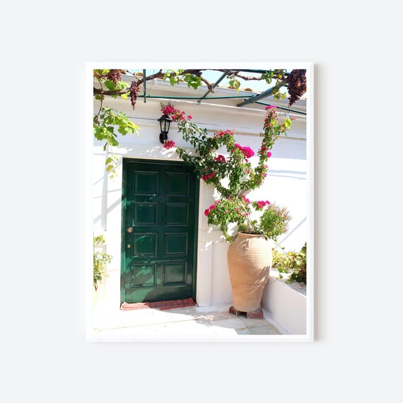 Emerald Green Door Photo,  Paleokastritsa Monastery Print, Corfu Greece Photograph, Mediterranean Wall Art, Grapevines and Flowers Picture