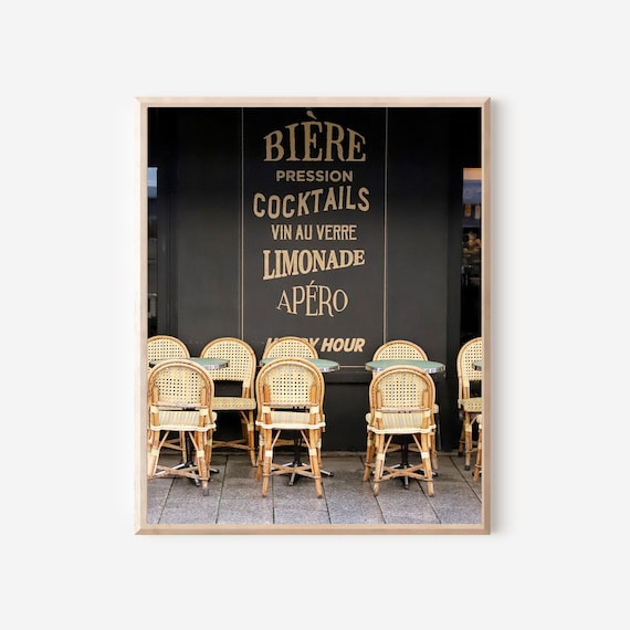 Paris Cafe Art, Happy Hour Print, Paris Photography, Bar Decor, Paris Restaurant, Brown Wall Art, Parisian Apartment, Framed Paris Wall Art
