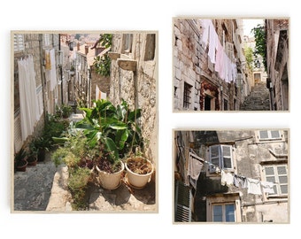 Laundry Room Wall Art Prints - 3 Dubrovnik Croatia Photographs - Beige Tan Neutral Clothesline Pictures - European Travel Photography Set