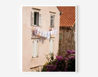 Laundry Room Print, Dubrovnik Wall Art, Laundry Decor, Croatia Photography, Clothesline Picture, Peach Laundry Photo, Croatian Travel Print