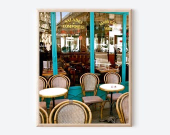 Paris Cafe Print, French Bistro Art, Paris Photography, French Kitchen Decor, Turquoise and Brown, Bistro Tables Picture, Parisian Wall Art