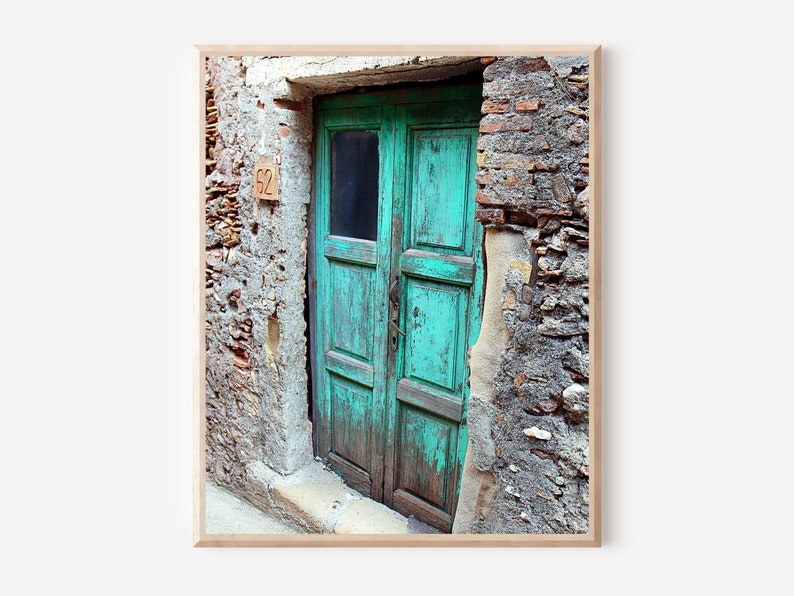 Turquoise Decor, Blue Door Print, Sicily Italy Photo, Old Door Picture, Rustic Farmhouse Wall Art, Large Vertical Print, Colorful Aqua Door image 1