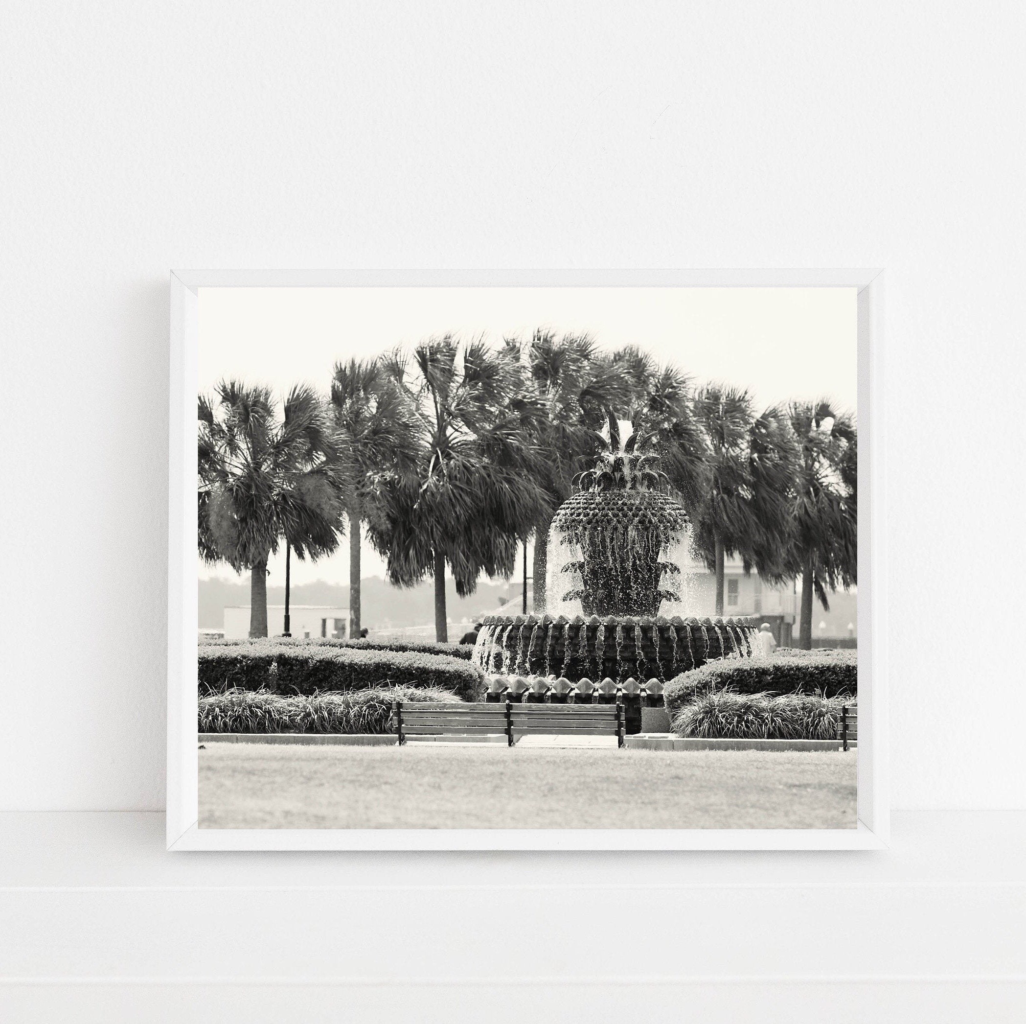 Charleston Pineapple Fountain Print - Black and White South Carolina