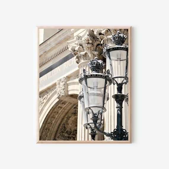 Paris Photography, Louvre Art, Street Lamp Photo, Columns, Pavillion Richelieu, French Architecture, Neutral Wall Art, Paris Arch Picture