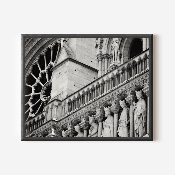 Notre Dame Cathedral Black and White Print, Parisian Gothic Architecture Wall Art