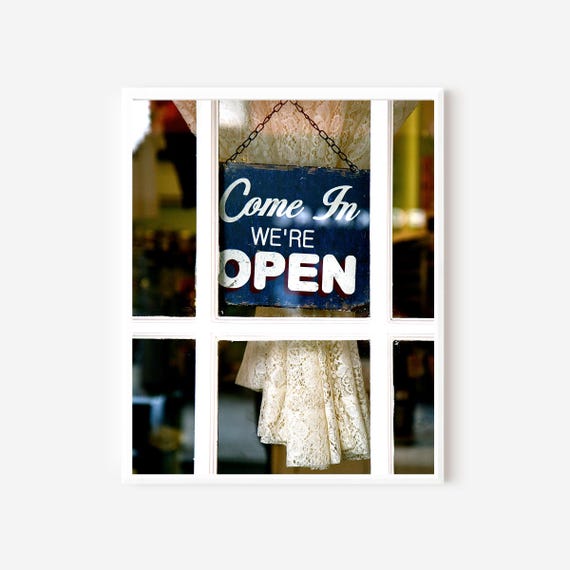 Open Sign Photograph, Magnolia Bakery Photo, New York City Photography, White Navy Blue Print, NYC Wall Decor, Manhattan, Restaurant Decor