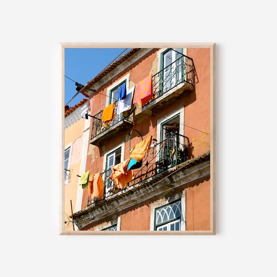 Lisbon Laundry Room Decor, Orange Wall Art, Portugal Photography, Colorful European Laundry Scene, Balcony Print, Travel Wall Art