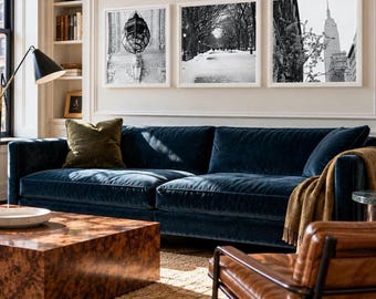 May include: A deep blue velvet sofa with a green throw pillow and a tan blanket, positioned in front of three black and white framed prints depicting a hanging lantern, a snowy park path, and the Empire State Building in New York City.