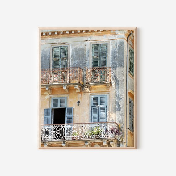 Corfu Art, Corfu Greece Photography, Balcony Print, Greek Architecture, Yellow and Gray Art, Mediterranean Wall Art, Shuttered Windows Photo