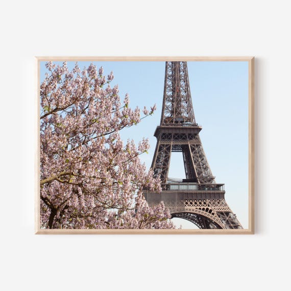 Eiffel Tower Print, Paris France Photography, Parisian Home Decor, Spring in Paris Wall Art,  French Nursery Decor, Pink Flower Photo