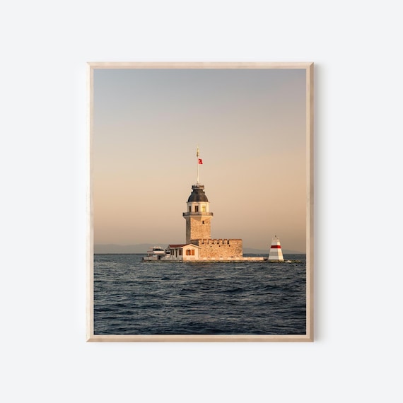 Maidens Tower at Dusk, Istanbul Turkey Photography Print, Bosphorus Wall Art