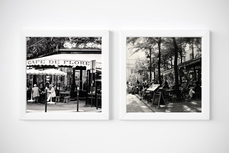 Black and White Paris Travel Photography French Restaurant Photos Set of Two Paris Cafe Square Prints