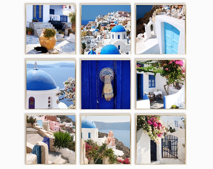 Santorini Greece Nine Print Set - Greek Island Photo Collection - 9 Photographs - Blue and White Coastal Wall Art - Mediterranean Home Decor
