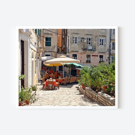 Greek Outdoor Dining Photography Print, Mediterranean Café Wall Art, Rustic European Decor