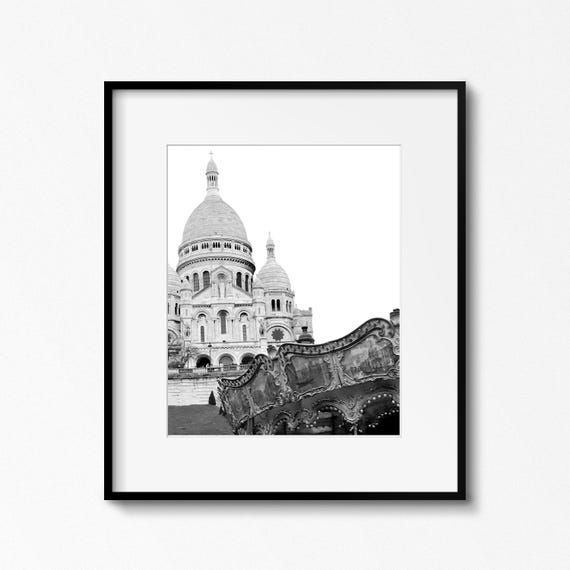 Framed Black and White Paris Photography, Sacre Couer Photo, Paris Carousel Art Print, Parisian Decor, Montmartre Picture, French Wall Art
