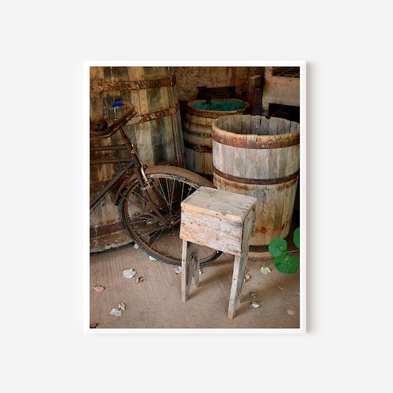 Rustic Winery Wall Art, Vintage Bicycle & Barrels Photography Print, Countryside Farmhouse Decor, Textured Still Life Photo