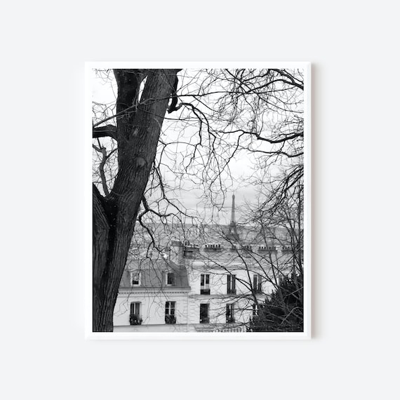 Eiffel Tower Print, Black and White Paris Photography, Montmartre View