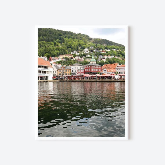 Bergen Market Print, Norwegian Hillside & Harbor Photography Print, Norway Travel Wall Art