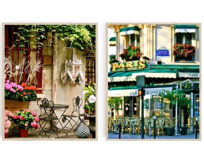 Two Paris Cafe Prints - French Kitchen Wall Art - Paris Photograph Collection - 2 Bistro Photos - Colorful Wall Art - Travel Photography