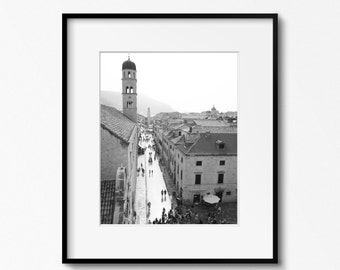 Black and White Dubrovnik Print, Stradun Photo, Croatia Photography, Old Town Picture, City Street with People, Dubrovnik Travel Wall Art