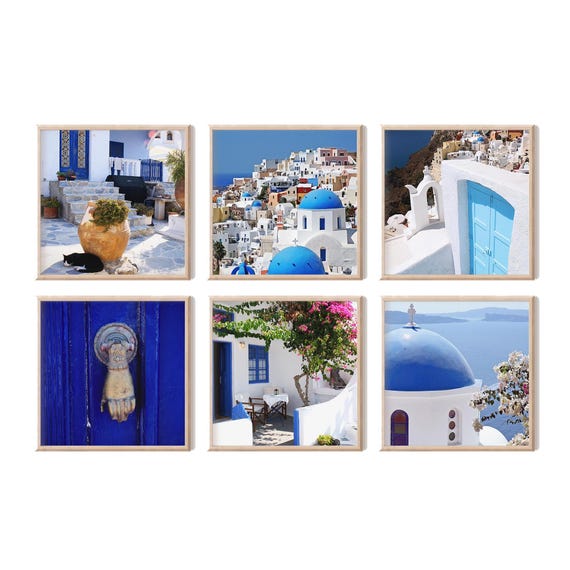 Santorini Greece Six Print Set - Greek Island Photo Collection - 6 Photographs - Blue and White Coastal Wall Art - Mediterranean Home Decor