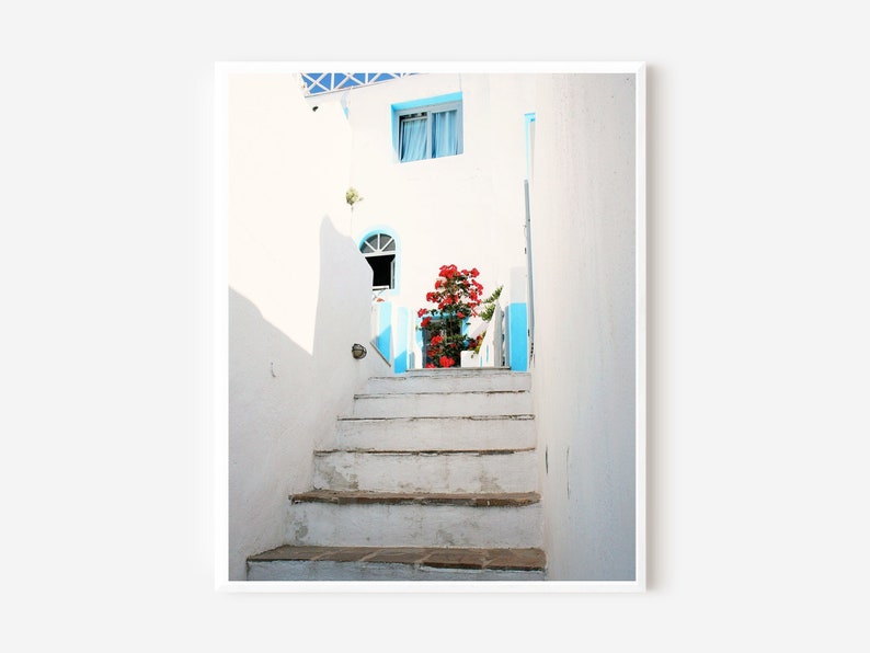 Santorini Greece, Pictures of Santorini, Greece Photography, Greek Island Photo, White and Turquoise Wall Art, Mediterranean Decor, Stairs image 1