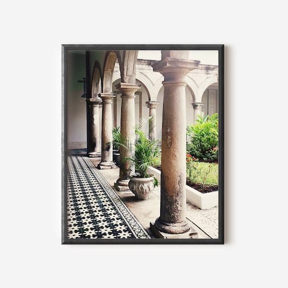Brazil Architecture Photography Print, Black and White Tile Columns in Brazilian Church Photo, Secret Garden Art