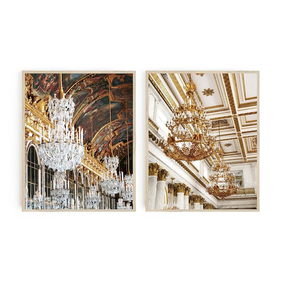 Gold Chandelier Print Set - Two Vertical Photographs - Hall of Mirrors Print  - Hermitage Russia Picture - Elegant Dining Room Wall Art