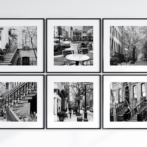 New York City Square 6 Print Set, West Village Black and White Photography, NYC Wall Art, Urban Gallery Wall, NYC Street Photographs