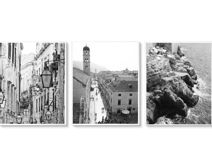 Black and White Dubrovnik Croatia Three Print Set - Croatian Wall Art - Modern European Photography - Urban Streets and Seascapes