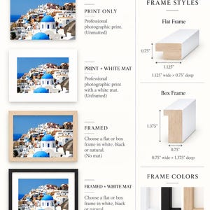 May include: An informational chart titled VITA NOSTRA CHOOSE YOUR FINISH displaying four print options: print only, print with white mat, framed, and framed with white mat. It details flat and box frame profiles with dimensions in inches and colors.