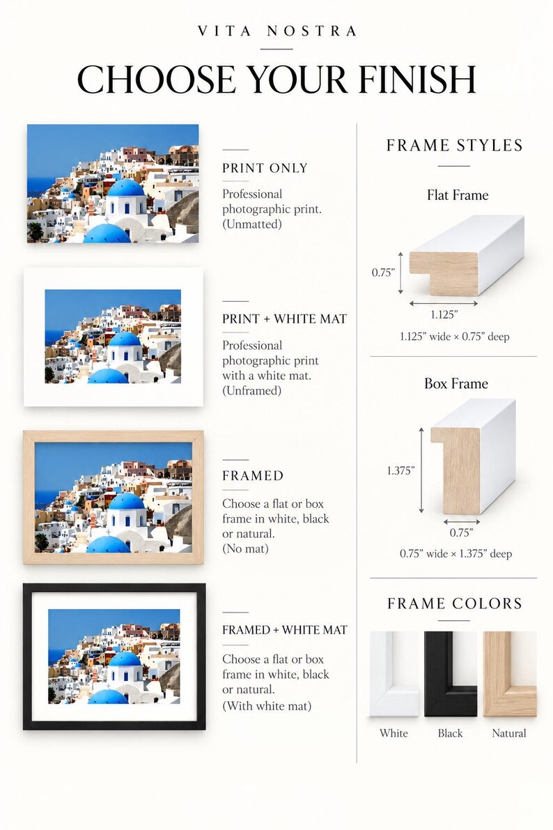 May include: An informational chart titled VITA NOSTRA CHOOSE YOUR FINISH displaying four print options: print only, print with white mat, framed, and framed with white mat. It details flat and box frame profiles with dimensions in inches and colors.