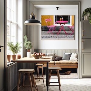 Impresión de café rosa, fotografía de mesa de bistró, fotografía de Copenhague Dinamarca, arte naranja y rosa, decoración danesa, arte de pared de cocina escandinava imagen 5