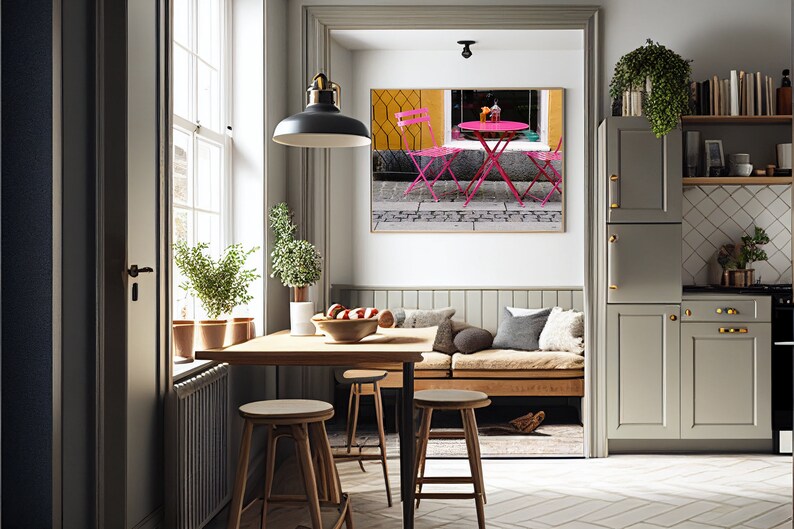 Impresión de café rosa, fotografía de mesa de bistró, fotografía de Copenhague Dinamarca, arte naranja y rosa, decoración danesa, arte de pared de cocina escandinava imagen 5