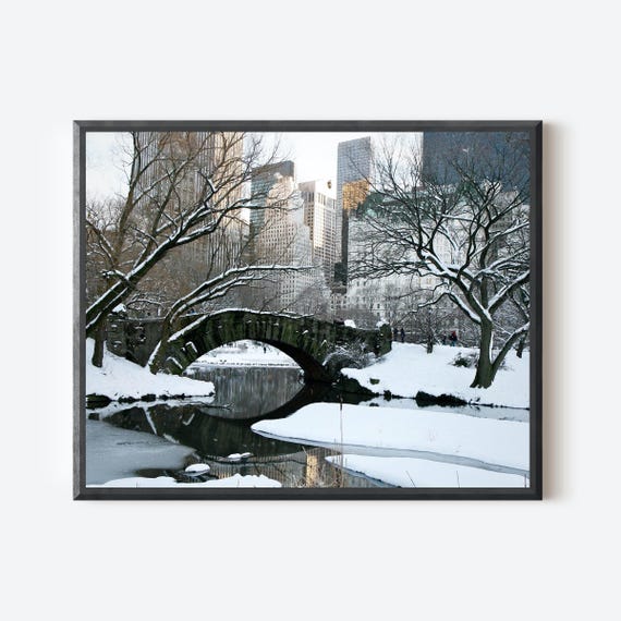 Winter in NYC Photography Print, Snowy Central Park Bridge & Buildings, Cozy Holiday Wall Art, New York City Winter Scene