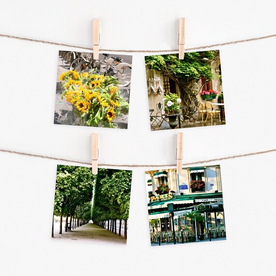 Four 5x5 Square Paris Photography Prints - Colorful Paris Wall Art - Green Yellow Pink Small Photos - French Decor - 4 Parisian Pictures